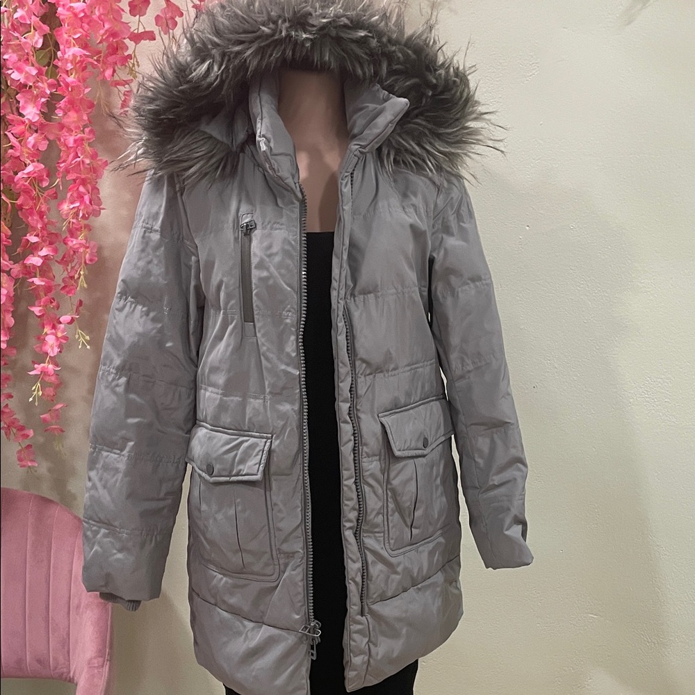 Andrew Marc Silver Fur-Trimmed Puffer Jacket